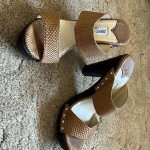 Authentic Jimmy Choo fish scale leather wooden heels